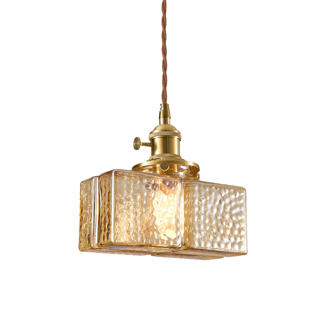 Vintage Brass and Glass Square Mini Pendant — Japandi Zen, Amber or Clear Glass, 3-Step Dimming, 2-Meter Adjustable Cord