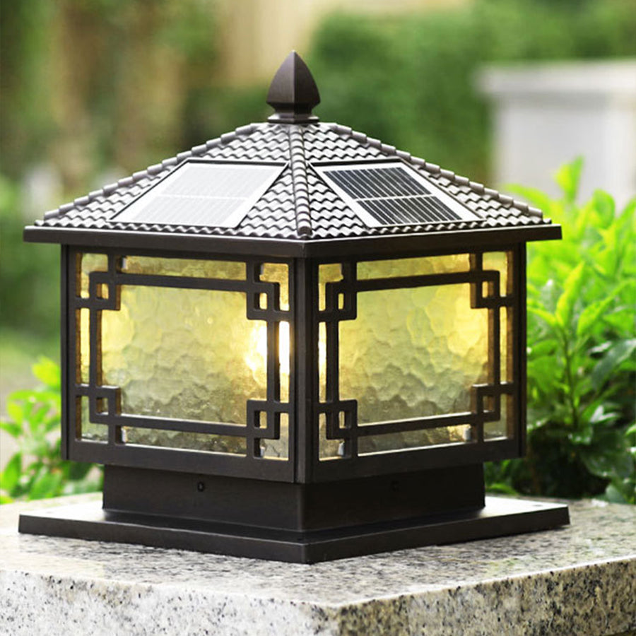 Retro Square Lantern Outdoor Pillar Light — Die-Cast Aluminum, Coffee Gold, E27, IP54, 3-Step Dimming, Solar or Hardwired