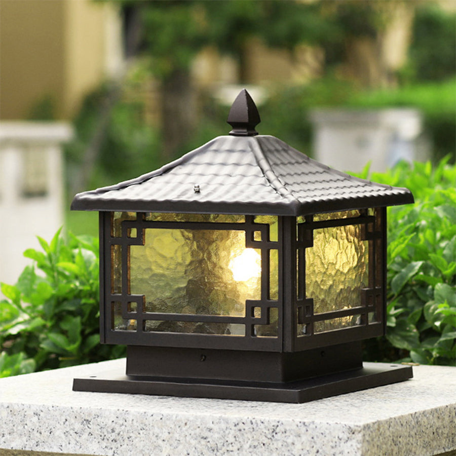 Retro Square Lantern Outdoor Pillar Light — Die-Cast Aluminum, Coffee Gold, E27, IP54, 3-Step Dimming, Solar or Hardwired