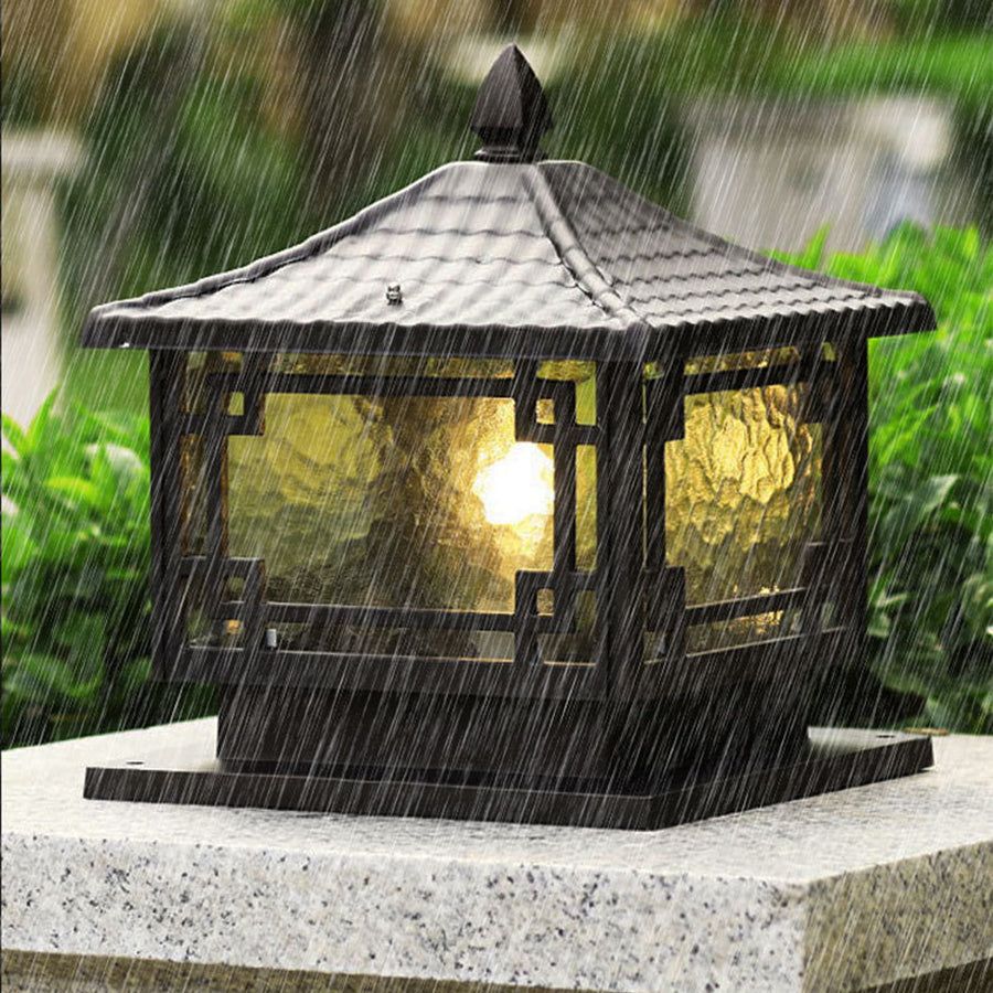 Retro Square Lantern Outdoor Pillar Light — Die-Cast Aluminum, Coffee Gold, E27, IP54, 3-Step Dimming, Solar or Hardwired