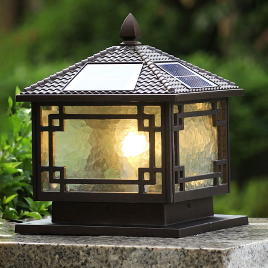 Retro Square Lantern Outdoor Pillar Light — Die-Cast Aluminum, Coffee Gold, E27, IP54, 3-Step Dimming, Solar or Hardwired