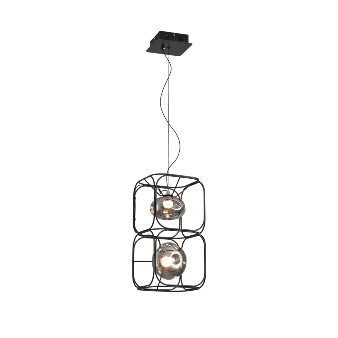 Magic Cube Caged Geometric Pendant — Black Iron, Smoked Glass, LED, 7W–28W, 1- to 4-Light