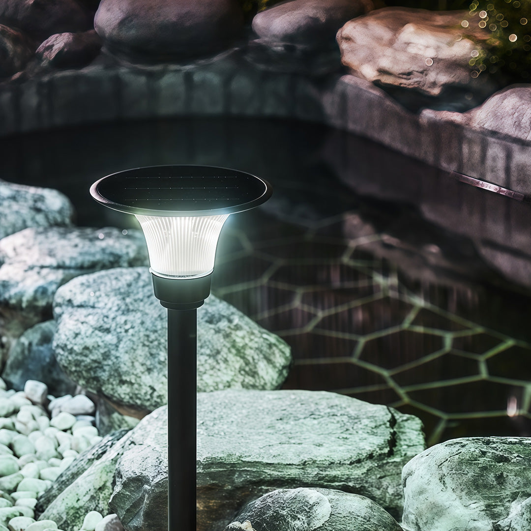 Black Solar Path Light with Ground Socket — Die-Cast Aluminum, 5W LED, Dual Color Temperature (3000K/6000K), IP65, 4000mAh, 30"