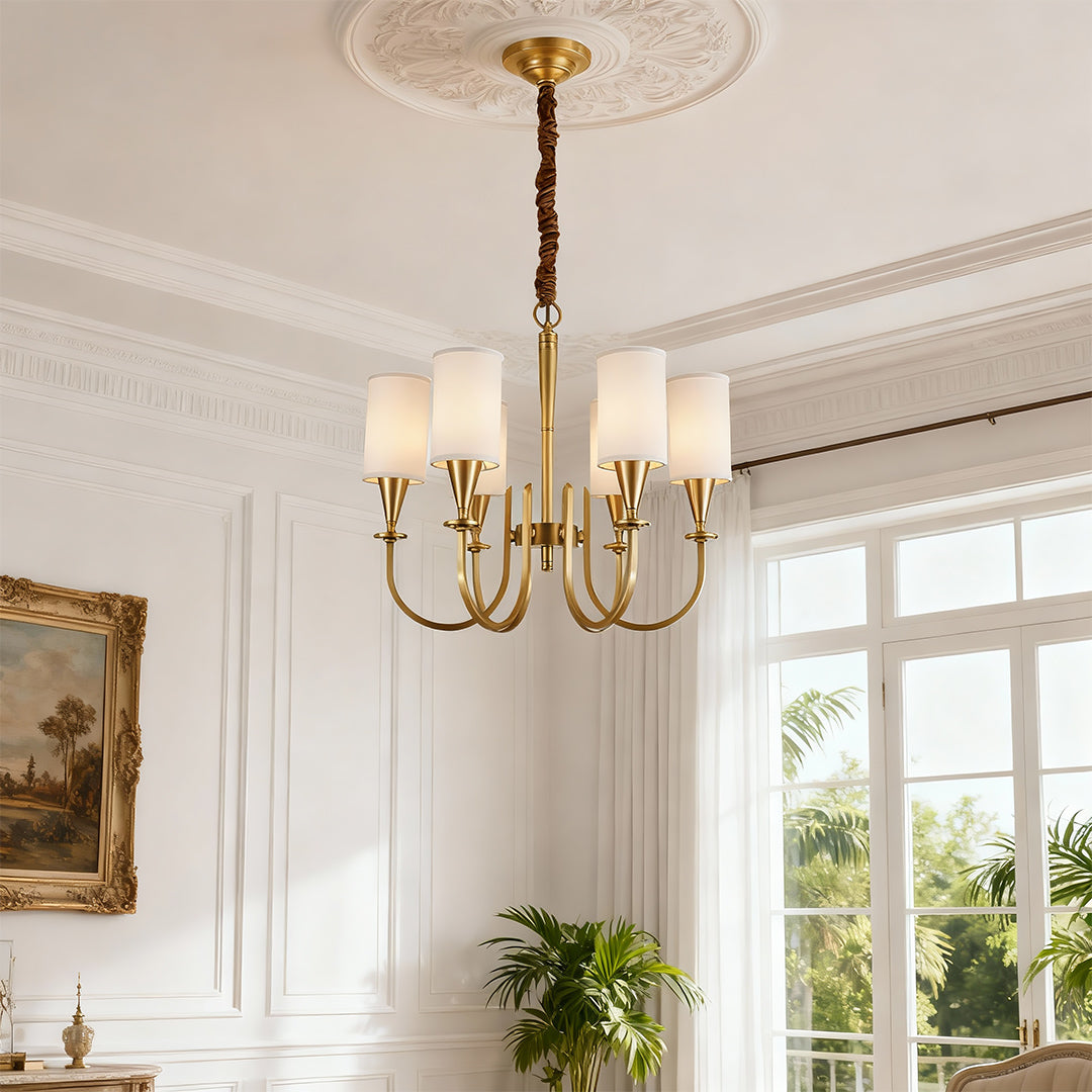 Modern Minimalist Chandelier — Copper Frame, Off-White Fabric Shades, E14, 6/8/10/15-Light