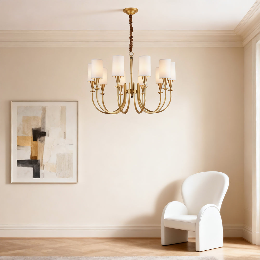 Modern Minimalist Chandelier — Copper Frame, Off-White Fabric Shades, E14, 6/8/10/15-Light
