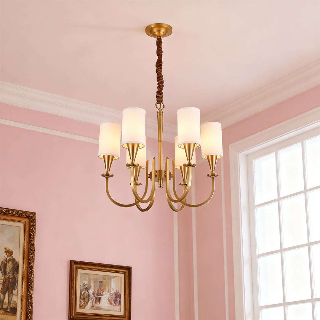 Modern Minimalist Chandelier — Copper Frame, Off-White Fabric Shades, E14, 6/8/10/15-Light