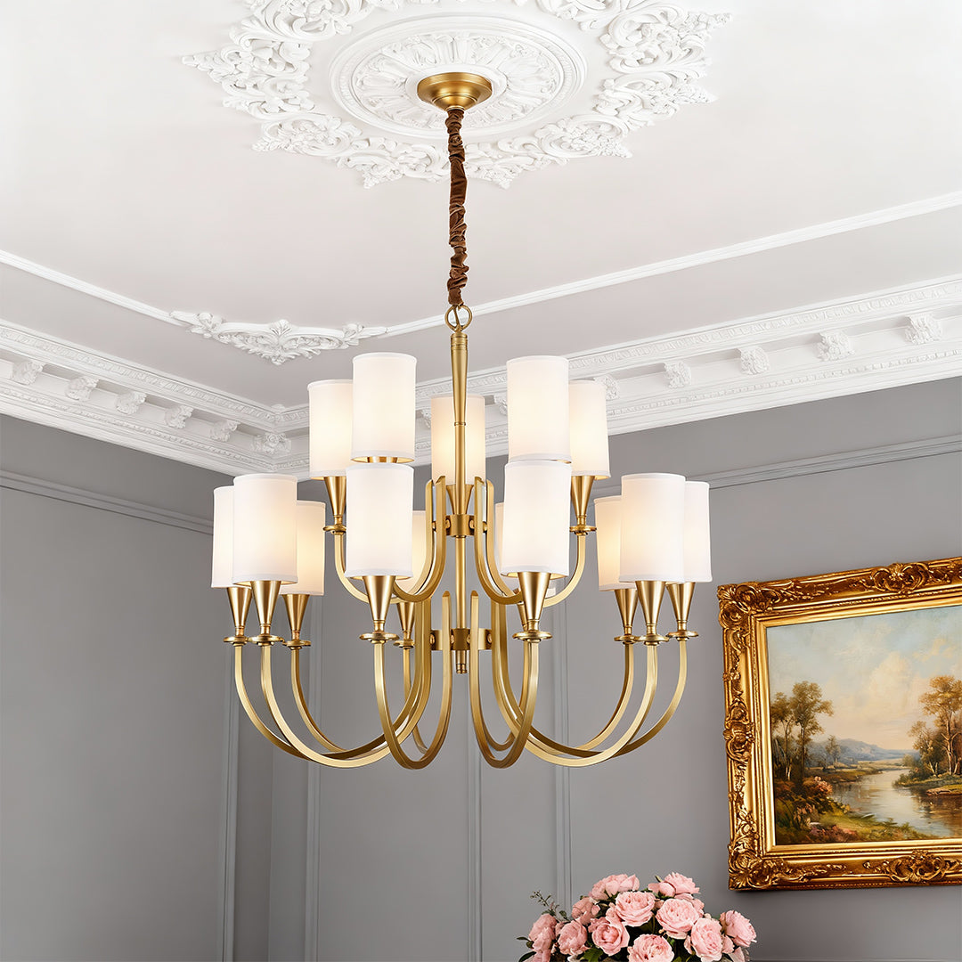 Modern Minimalist Chandelier — Copper Frame, Off-White Fabric Shades, E14, 6/8/10/15-Light