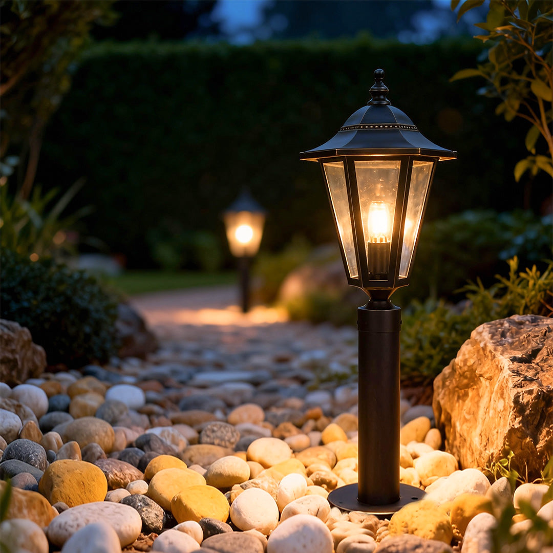 Copper Landscape Path Light — Black Finish, Glass Shade, E27, IP55, Hardwired, 28"