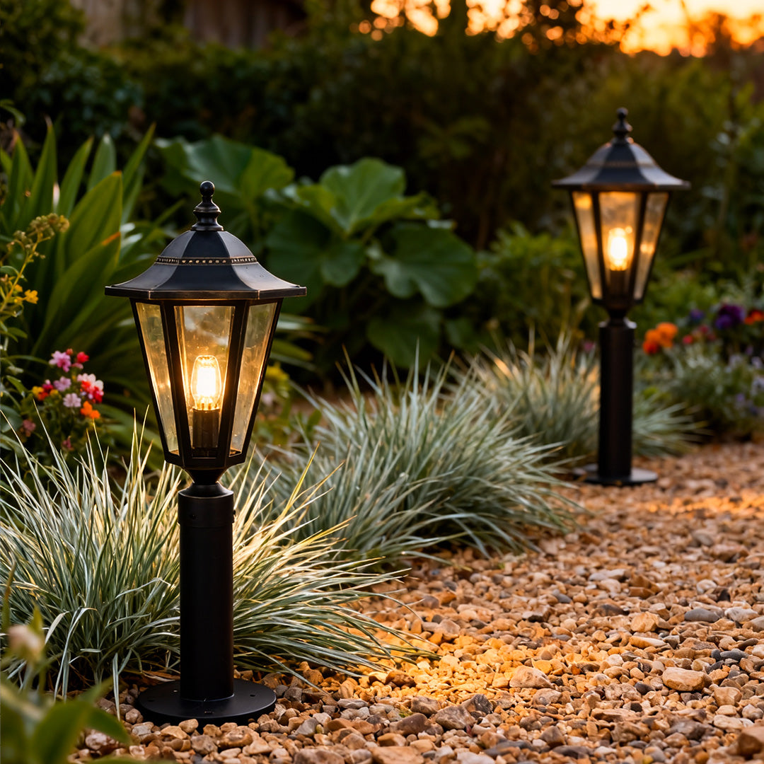 Copper Landscape Path Light — Black Finish, Glass Shade, E27, IP55, Hardwired, 28"