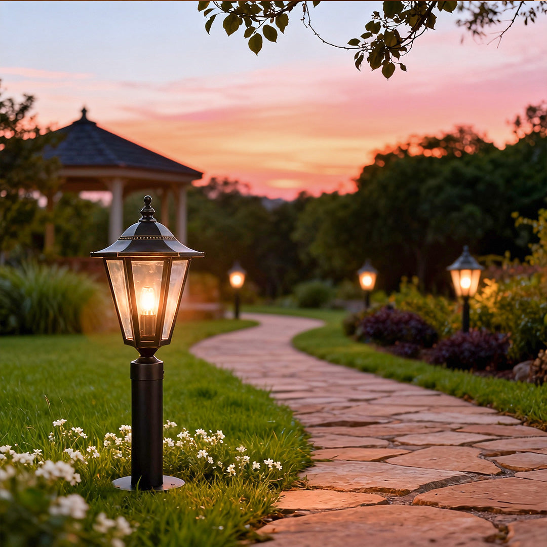 Copper Landscape Path Light — Black Finish, Glass Shade, E27, IP55, Hardwired, 28"