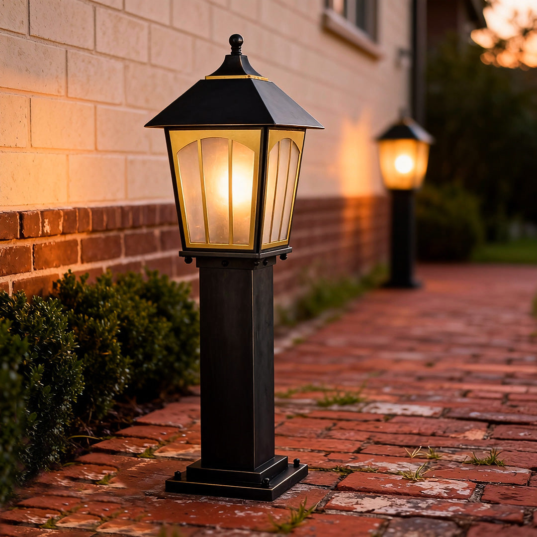 Copper LED Garden Path Light — Glass Shade, E27, IP55 Weatherproof, Hardwired, Black Finish