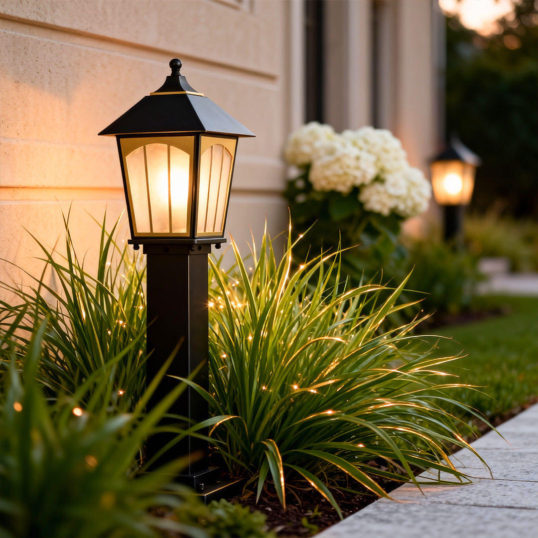 Copper LED Garden Path Light — Glass Shade, E27, IP55 Weatherproof, Hardwired, Black Finish