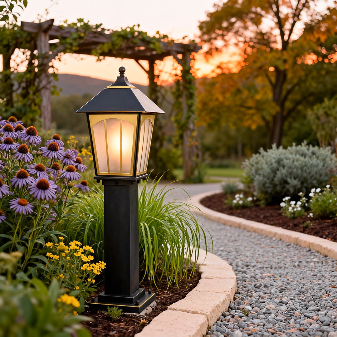 Copper LED Garden Path Light — Glass Shade, E27, IP55 Weatherproof, Hardwired, Black Finish