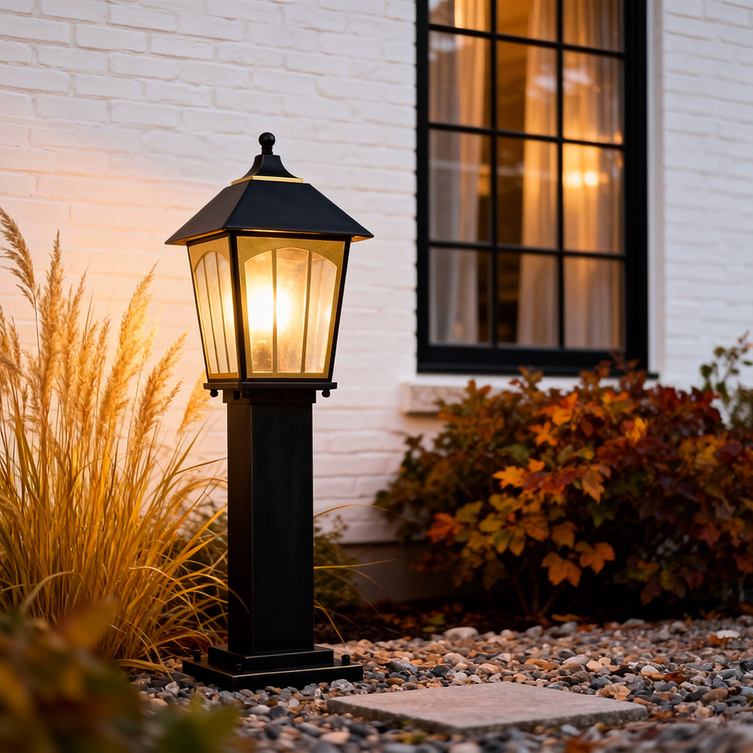 Copper LED Garden Path Light — Glass Shade, E27, IP55 Weatherproof, Hardwired, Black Finish