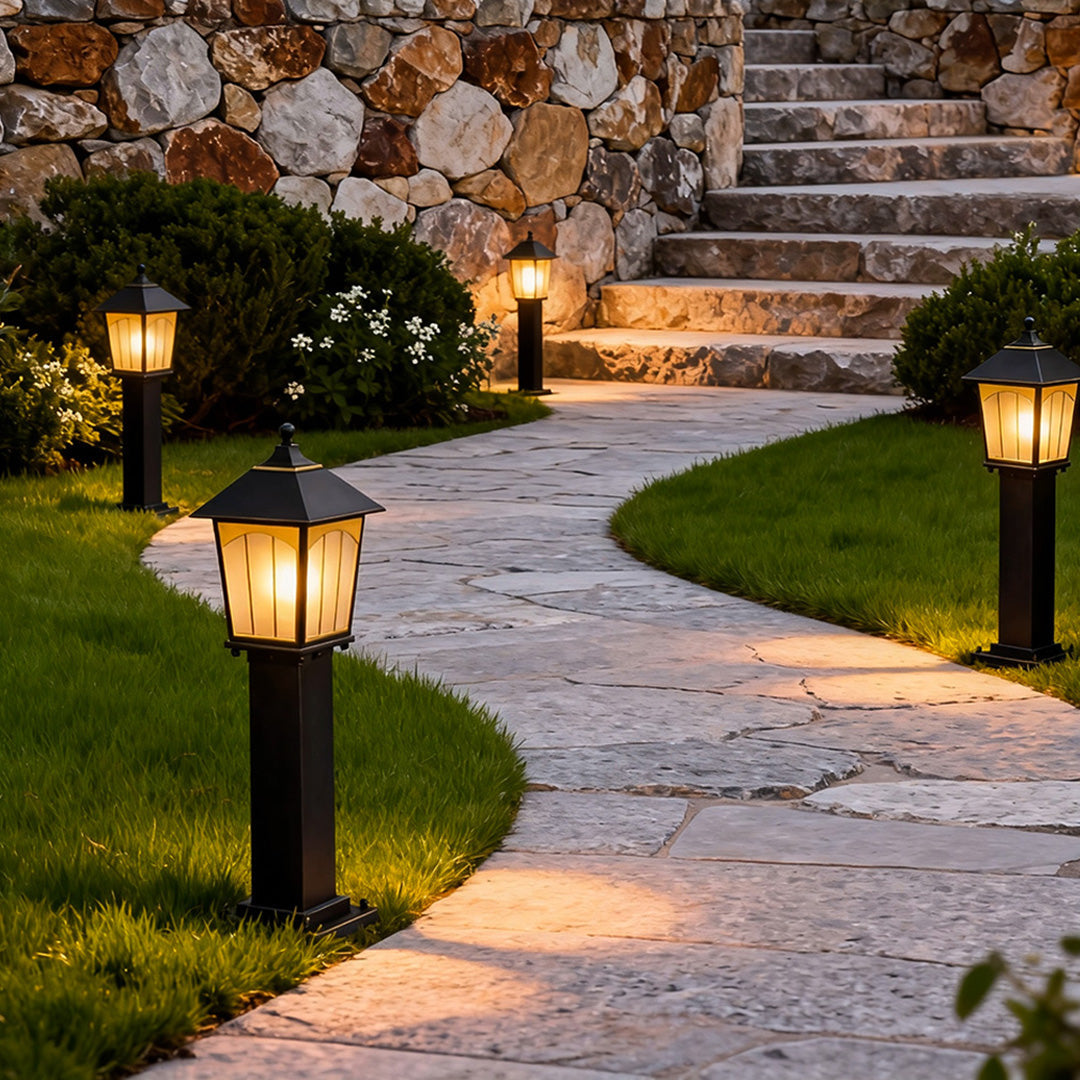 Copper LED Garden Path Light — Glass Shade, E27, IP55 Weatherproof, Hardwired, Black Finish
