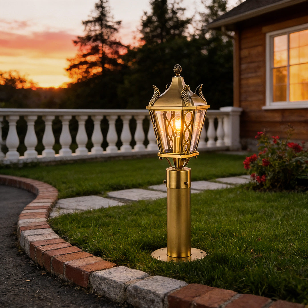 Retro Brass Outdoor Path Light — Solid Brass, Glass Shade, E27, IP55 Weatherproof