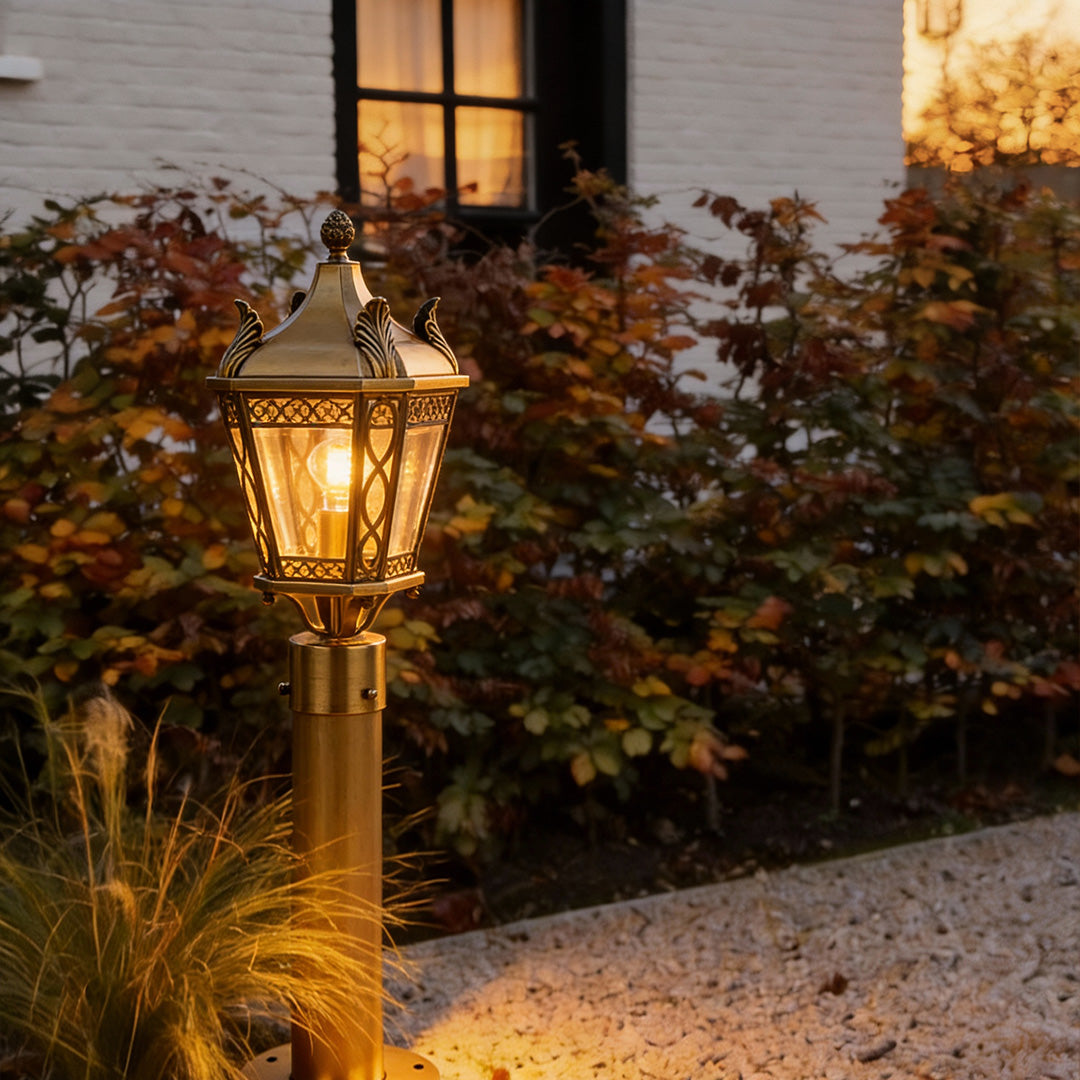Retro Brass Outdoor Path Light — Solid Brass, Glass Shade, E27, IP55 Weatherproof