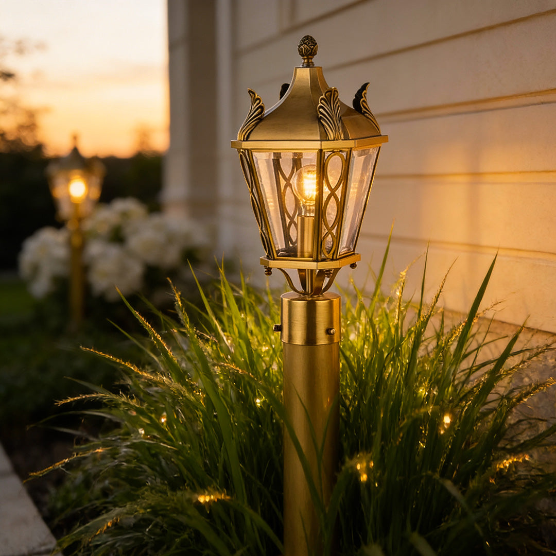 Retro Brass Outdoor Path Light — Solid Brass, Glass Shade, E27, IP55 Weatherproof