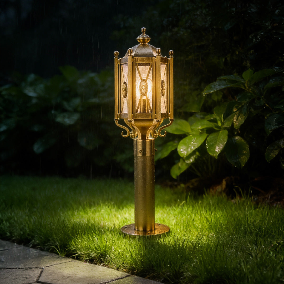 Copper Path Light — Solid Brass, Clear Glass Shade, E27, IP55 Weatherproof, Hardwired