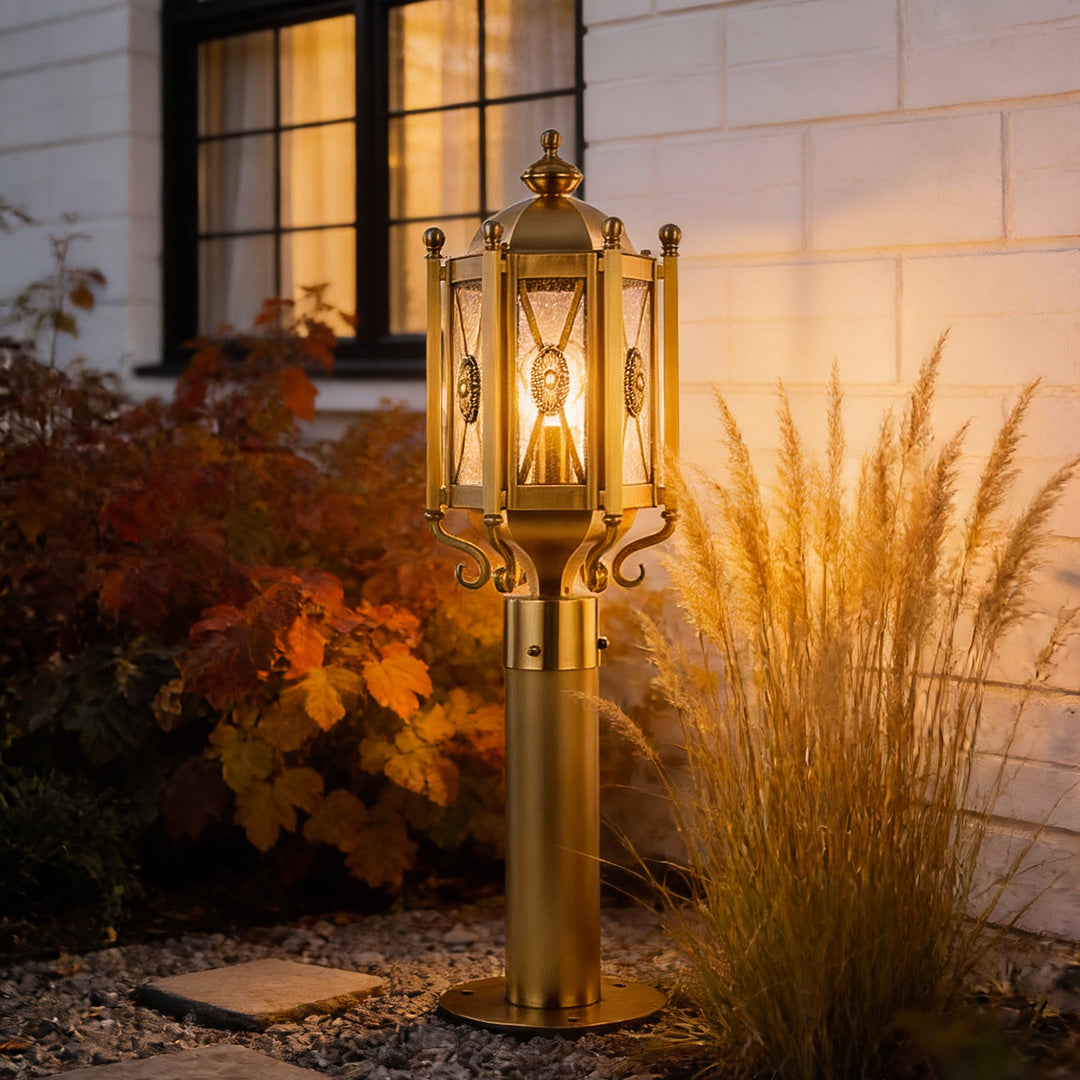 Copper Path Light — Solid Brass, Clear Glass Shade, E27, IP55 Weatherproof, Hardwired