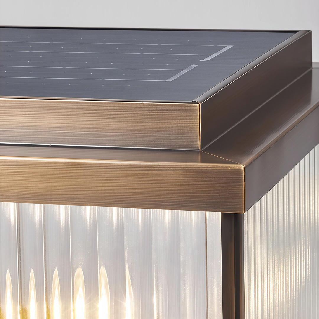 Square Copper Outdoor Pillar Light — Ribbed Glass, Dual Solar/Electric, 3-Step Dimming, 4 Sizes