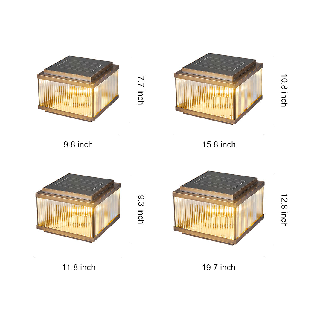 Square Copper Outdoor Pillar Light — Ribbed Glass, Dual Solar/Electric, 3-Step Dimming, 4 Sizes