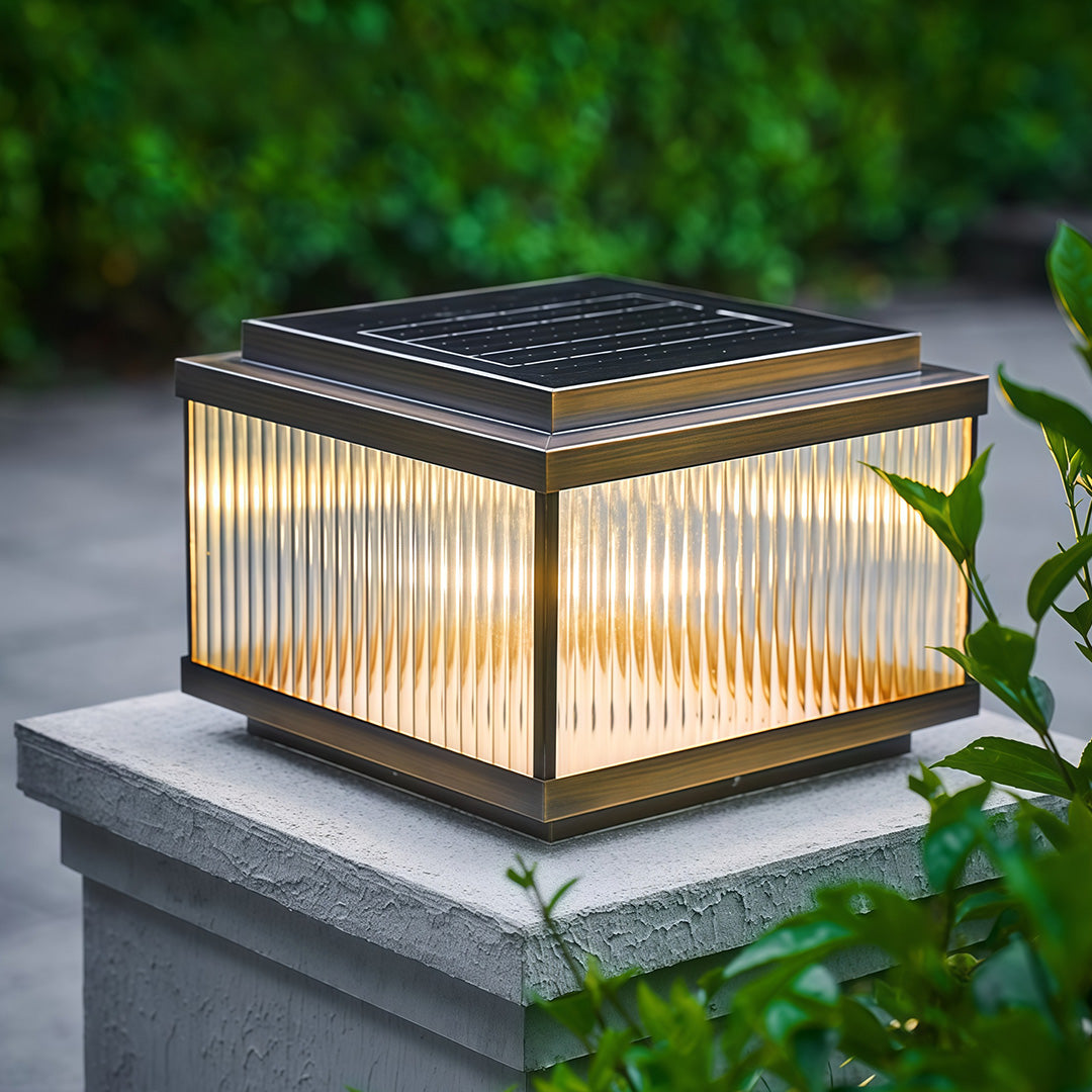 Square Copper Outdoor Pillar Light — Ribbed Glass, Dual Solar/Electric, 3-Step Dimming, 4 Sizes
