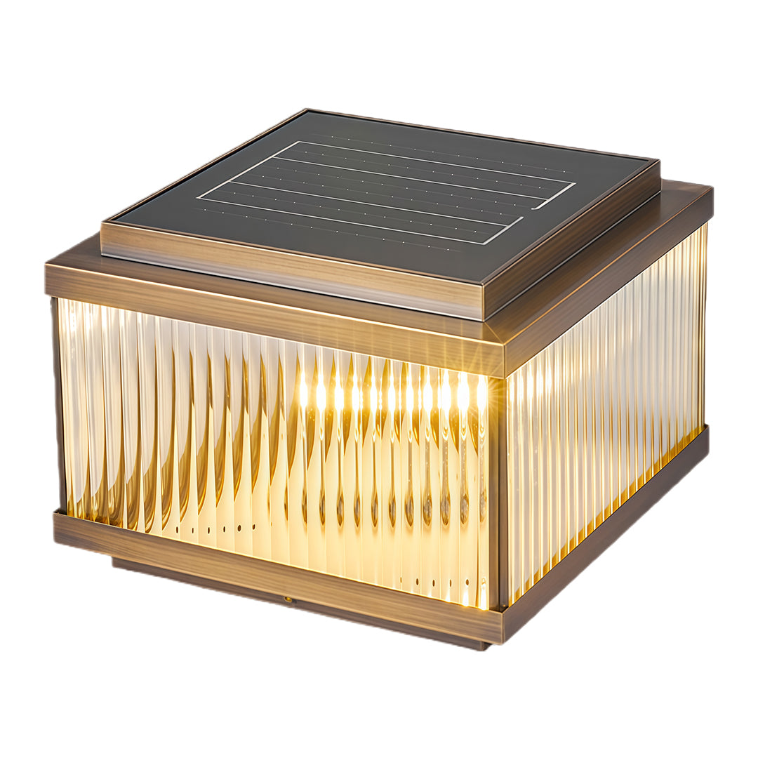 Square Copper Outdoor Pillar Light — Ribbed Glass, Dual Solar/Electric, 3-Step Dimming, 4 Sizes