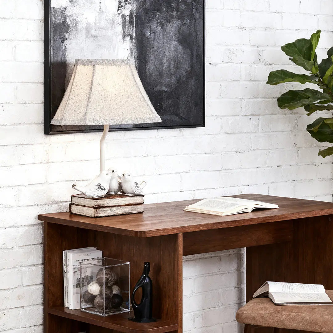 Fabric Light Table Lamp Featuring a Small Bird Perched on Stacked Books Luxe