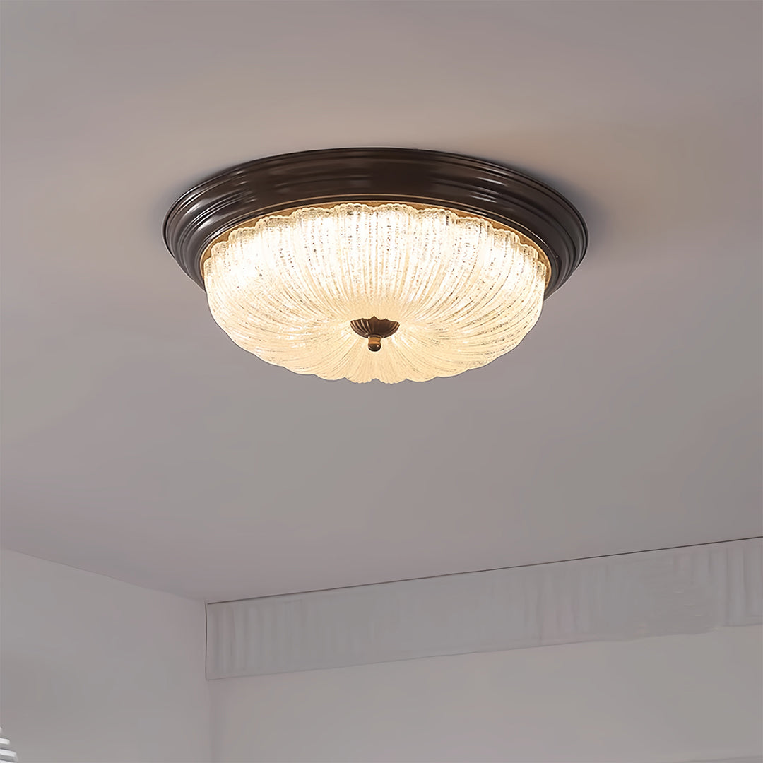 Pumpkin Dome Flush-Mount Ceiling Light — Walnut Iron Frame, Prismatic Glass, 3-Step Dimming, LED, 15"–23" Sizes