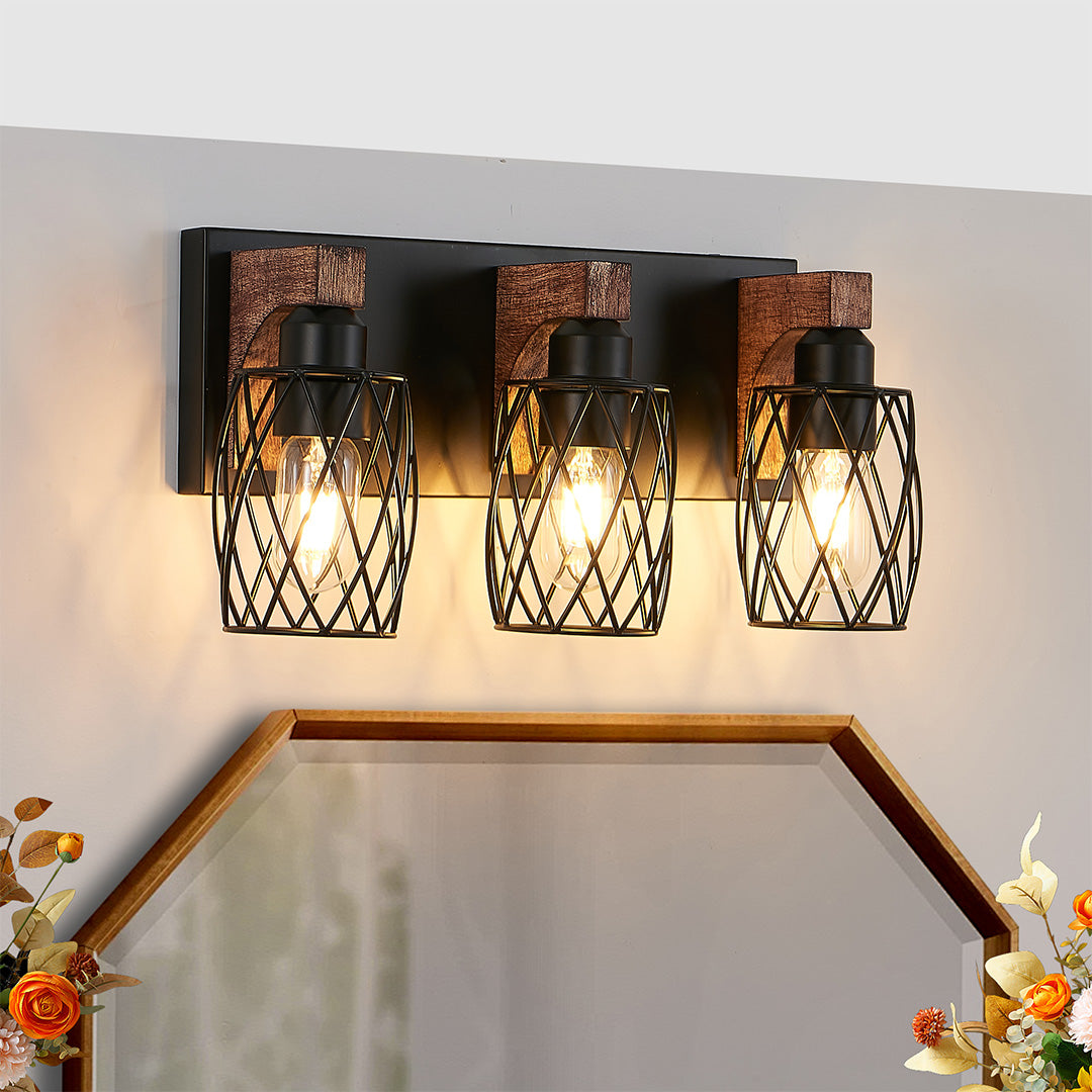 Metal Cage Bathroom Vanity Light — Black Finish, Walnut Wood, 3-to-7-Light, E26