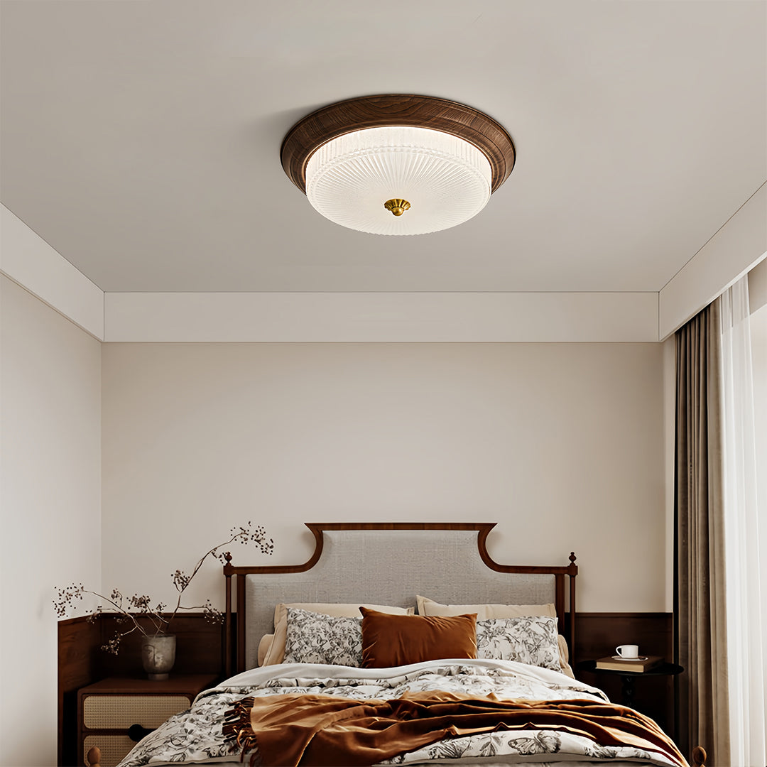 Art Deco Flush-Mount Ceiling Light — Walnut-Tone Iron, Transparent Glass, Full-Spectrum LED, 3-Step Dimming (3000K/4500K/6000K)