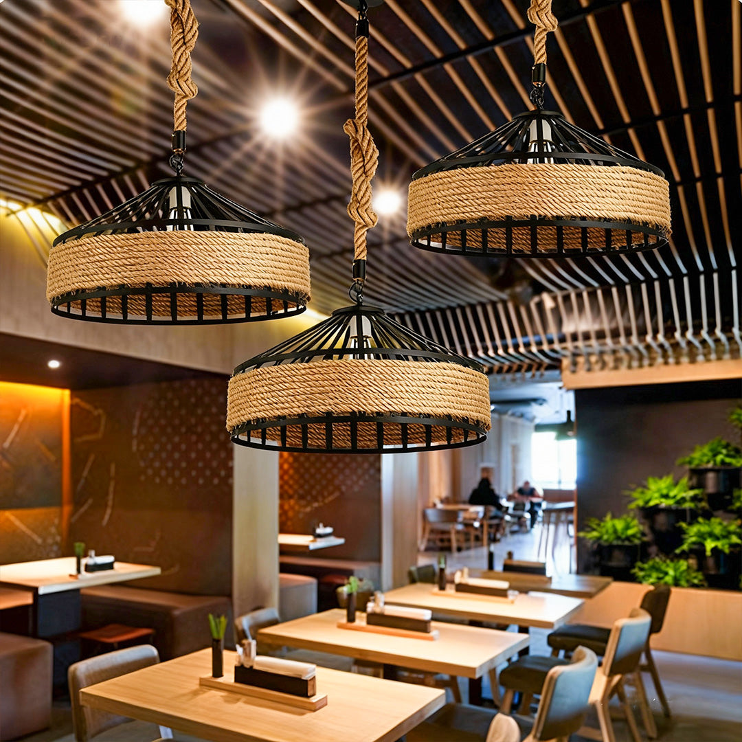 Circular Iron and Hemp Rope Pendant Light — Black, E27, 4W Warm, Adjustable 1.5m Suspension