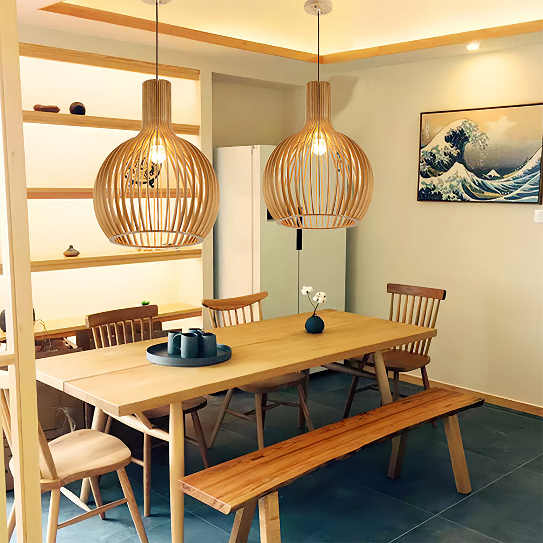 Birdcage Pendant Light — Handcrafted Birch Wood, 12W LED E27, 3-Step Dimming, Adjustable Chain, 3 Sizes