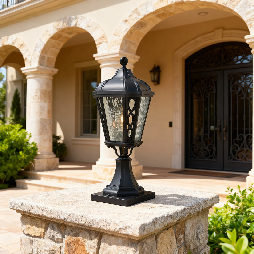Vintage Column Outdoor Post Light — Sand-Black Aluminum, Glass Shade, 12W E26, IP44, 3000K
