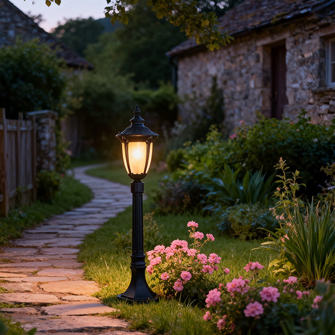 Traditional European Garden Post Light — Black Aluminum, Clear Glass, 9W E26, IP44 Weatherproof