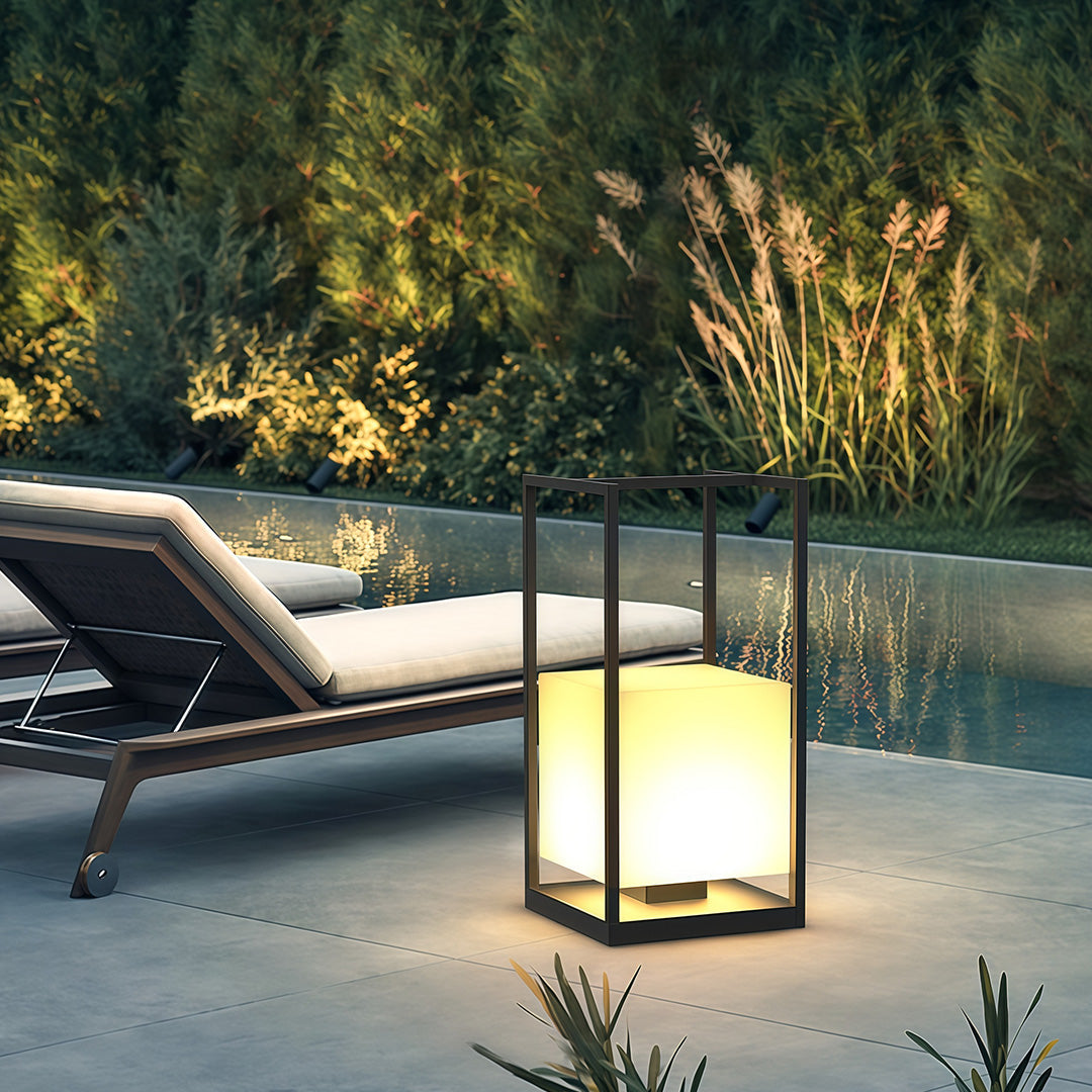 Contemporary Outdoor Lantern — Black Stainless Steel & Acrylic, LED, IP65, Solar or Plug-in, 2200mAh, Dusk-to-Dawn
