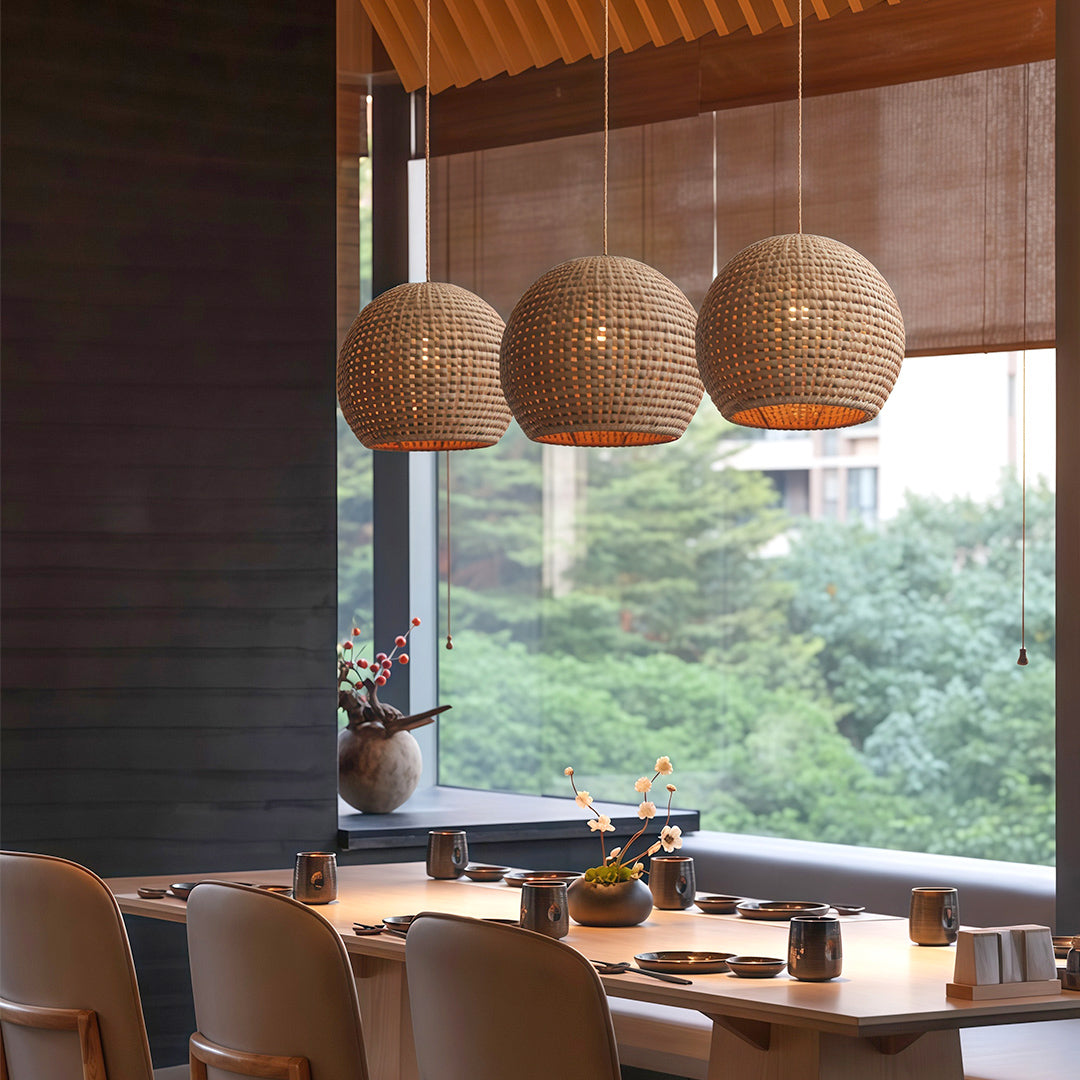 Zen Japanese Paper Pendant — Natural Raffia Shade, Iron Frame, 10W LED E27, 47.2" Adjustable Cord