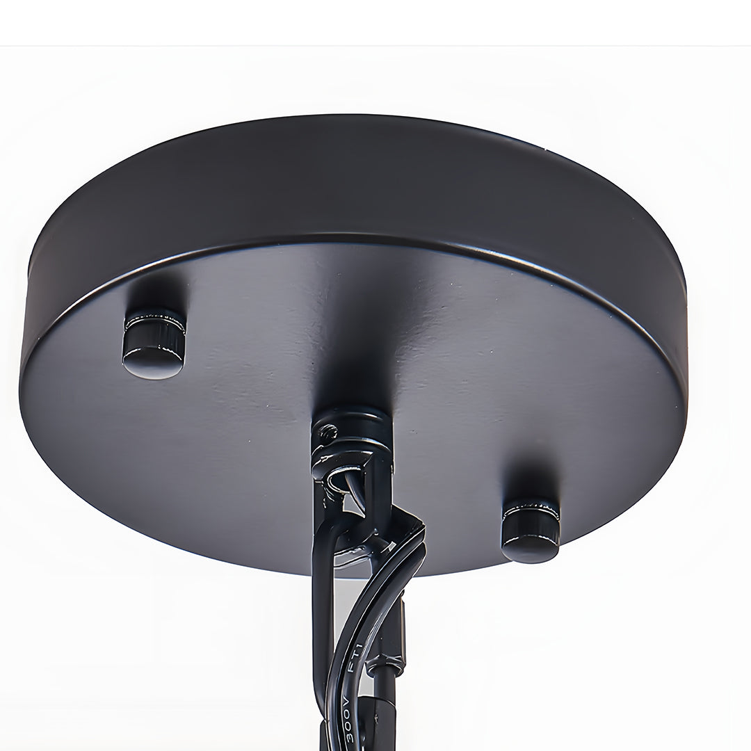 Round Drum Pendant Light — Black Iron, Walnut Wood Texture, Iron Cage, E12, 12.6" / 19.7" / 23.6"