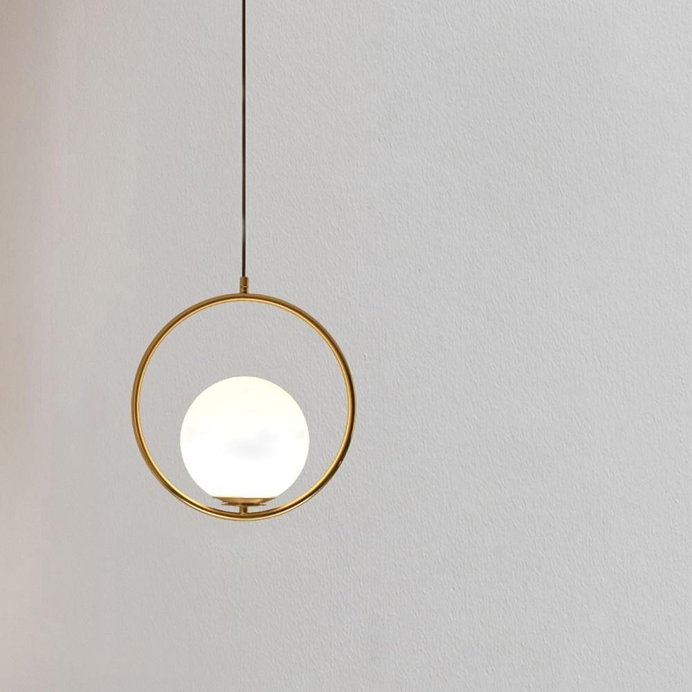 Opal Glass Ball Mini Pendant — Circular Metal Ring, LED, 13.8" Diameter, Adjustable to 59"