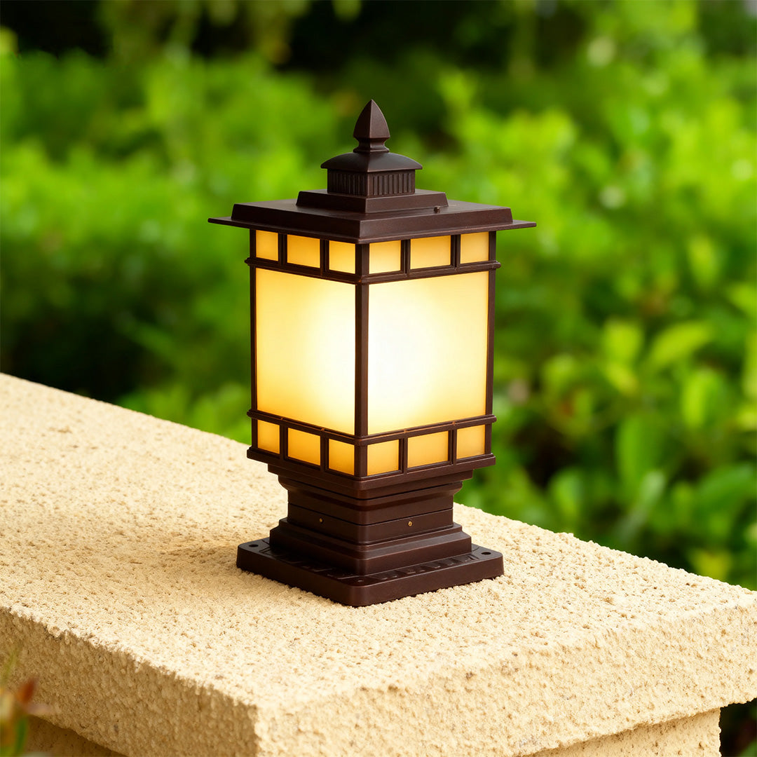 Vintage Outdoor Pillar Light — Coffee Aluminum and Glass, 9W LED E26, IP44, 14.4" Height