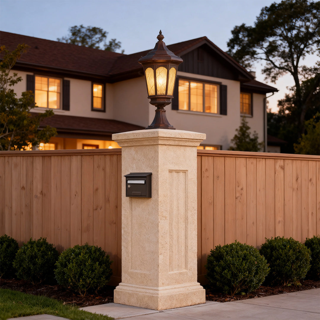 Retro Outdoor Pillar Light — Sand-Black Aluminum and Glass, 18W LED, E26, IP44, Hardwired, 26.18" H