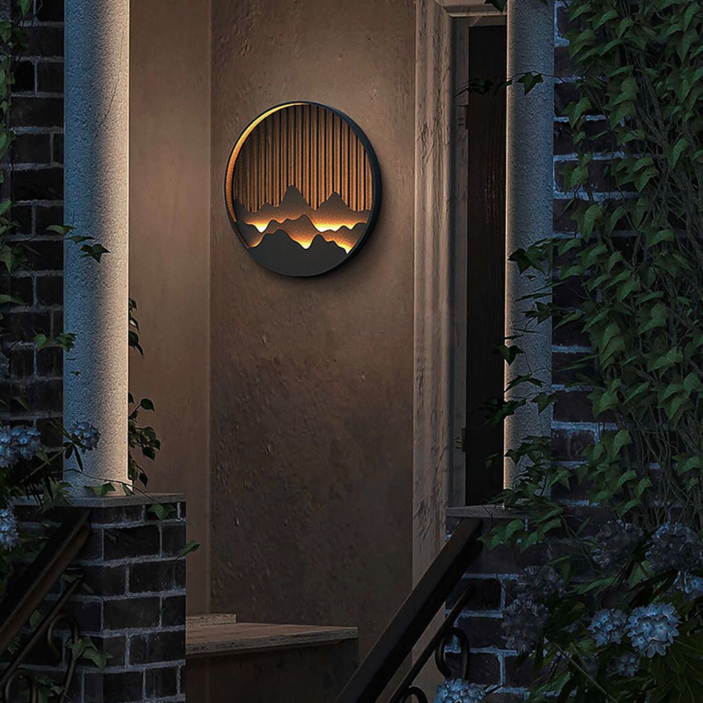 Mountain Carving Outdoor Wall Sconce — Stainless Steel, LED, 3000K Warm White, IP-Sealed, Multiple Sizes