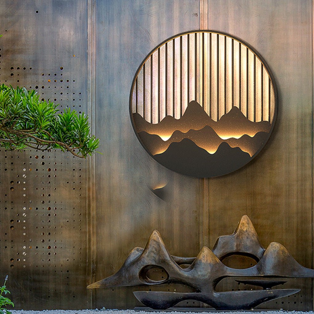 Mountain Carving Outdoor Wall Sconce — Stainless Steel, LED, 3000K Warm White, IP-Sealed, Multiple Sizes