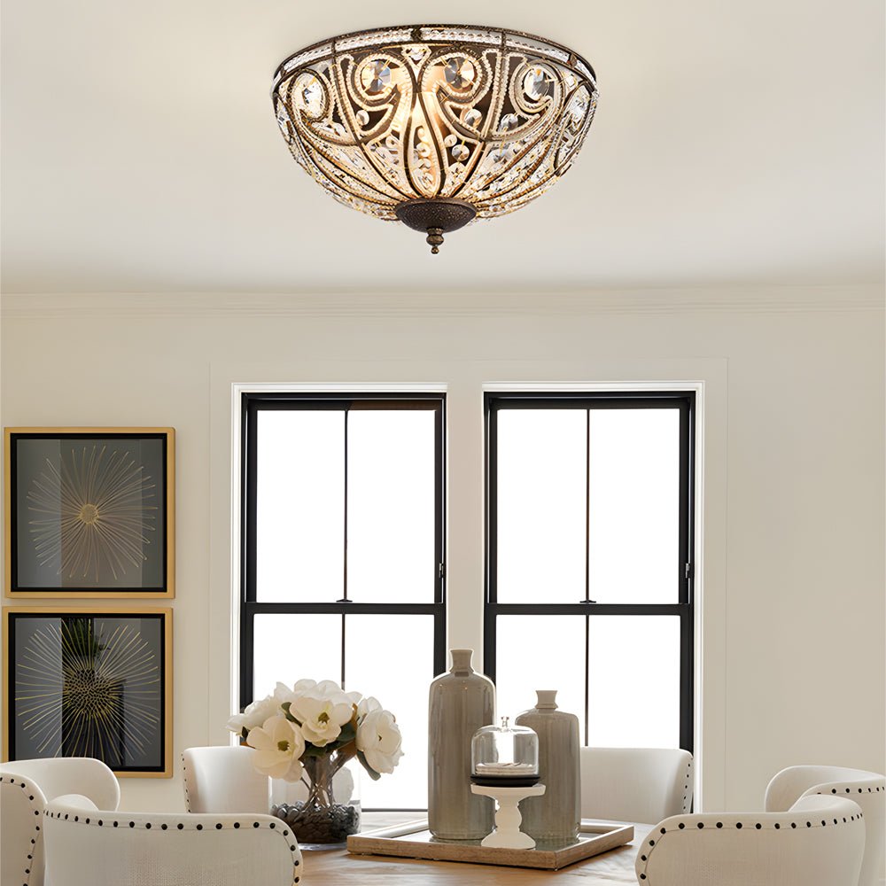 Roman-Style Crystal Bowl Flush Mount — Antique Bronze Iron, E12/E14, 13" or 15" Dia