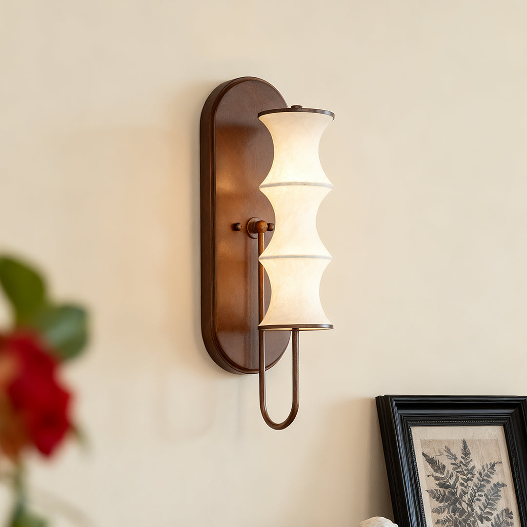 Bamboo Node Wall Sconce — Walnut-Finish Metal, Silk Shade, 8W LED 3000K, 19.7"