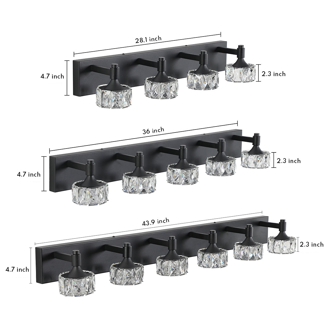 Modern Crystal Bathroom Vanity Light — Black Iron, 6000K LED, 30W, 4-, 5-, or 6-Light