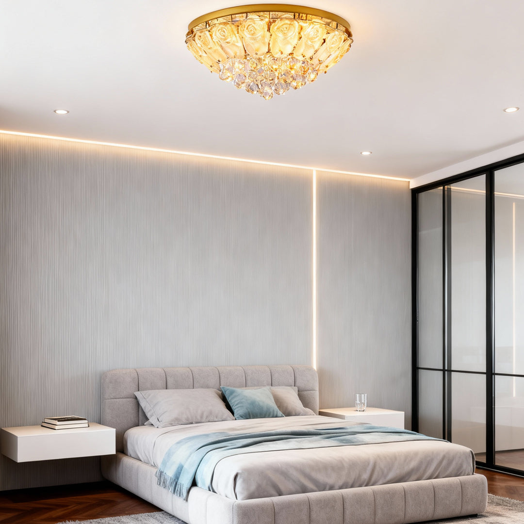 French Crystal Flush-Mount Ceiling Light — Gold Stainless Steel, LED, 3-Step Dimming (3000K/4500K/6000K), 17.7"–39.4"