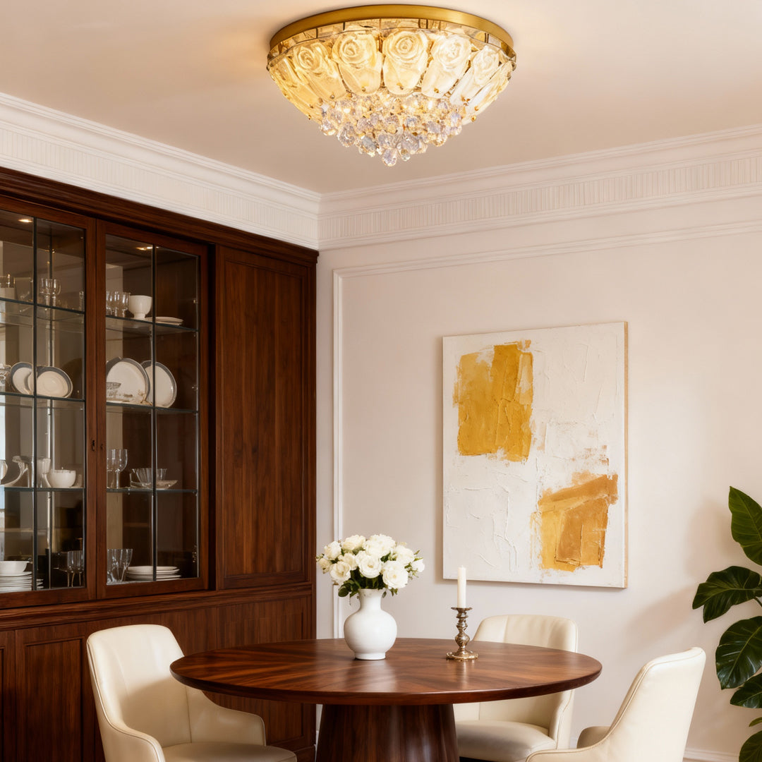 French Crystal Flush-Mount Ceiling Light — Gold Stainless Steel, LED, 3-Step Dimming (3000K/4500K/6000K), 17.7"–39.4"
