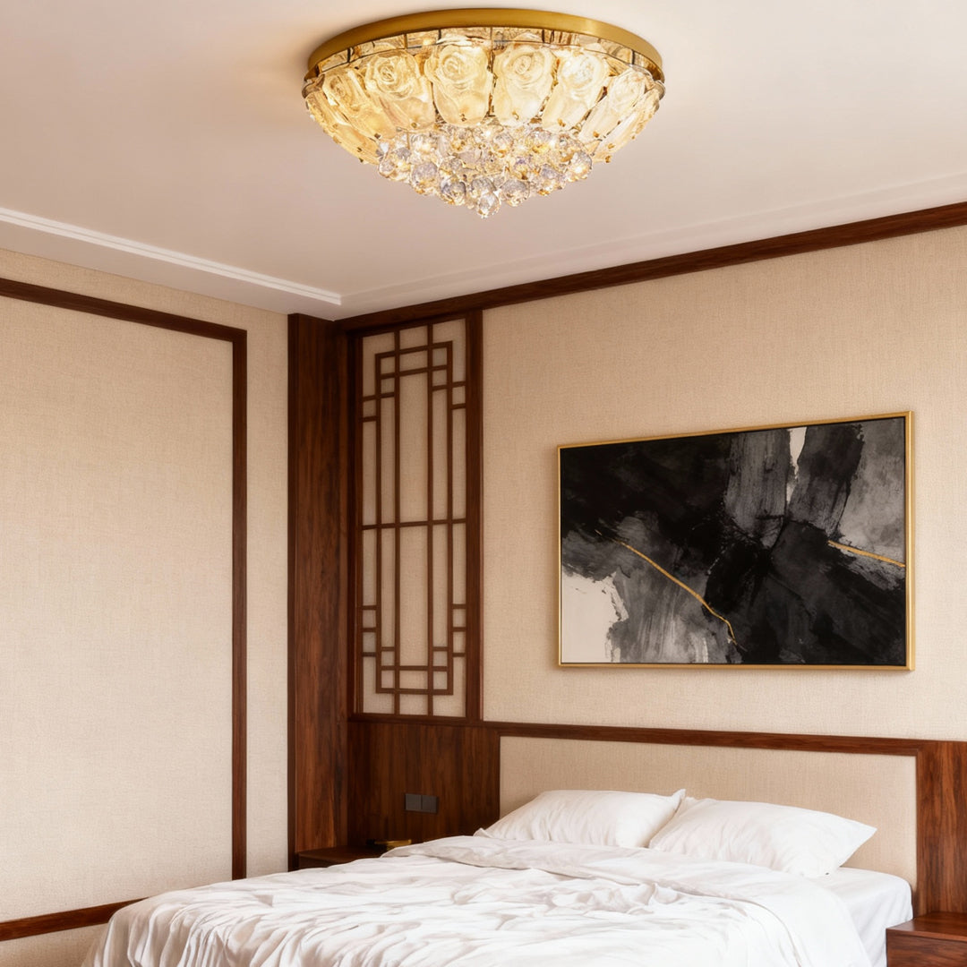 French Crystal Flush-Mount Ceiling Light — Gold Stainless Steel, LED, 3-Step Dimming (3000K/4500K/6000K), 17.7"–39.4"